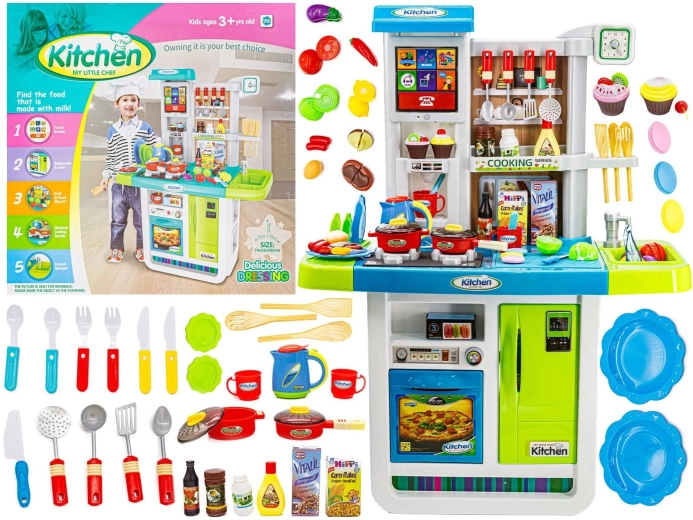 Multifunctional kids’ kitchen with gas hob and touch panel, blue - 1 piece