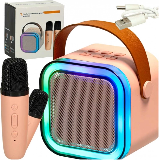 Karaoke set s bluetooth zvučnikom, 2 bežična mikrofona i LED pozadinskim osvjetljenjem 6 W – ružičasta