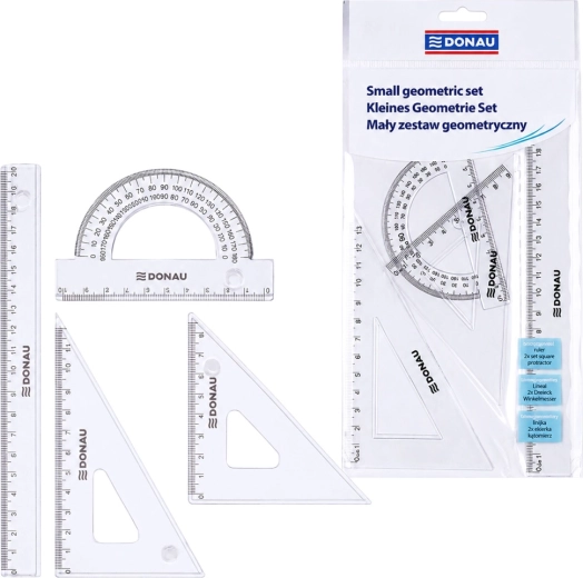 Mali geometrijski set DONAU s ravnalom 20 cm, kutnicima i kutomjerom, prozirni - 1 komad
