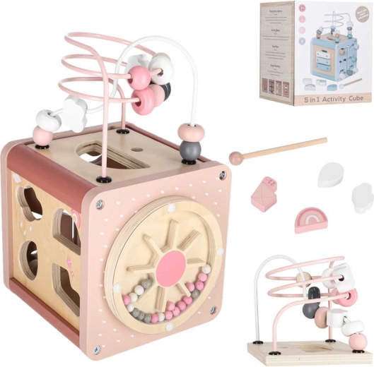Wooden educational activity cube 5-in-1 with bead maze – pink