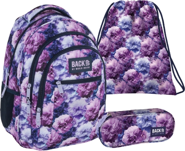 BackUP Violet Flowers school set 3-in-1 – backpack, pencil case and drawstring bag