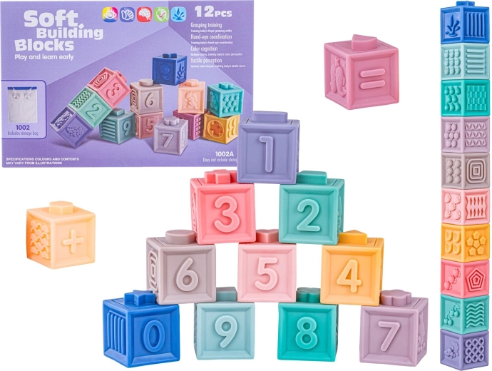 Meke silikonske senzoričke kocke s brojevima i oblicima (12 kom)
