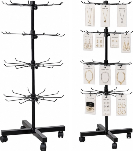 Rotating 4-tier display stand with hooks on wheels, black 40 × 150 cm