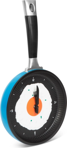 Blue frying pan-shaped wall clock with fried egg