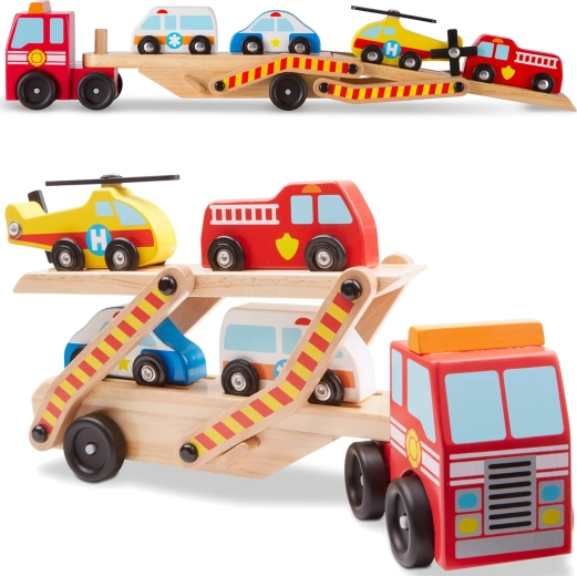 Melissa & Doug wooden rescue vehicle transporter with cars (6 pieces)