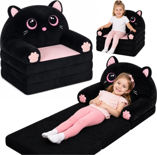 Fold-out kids armchair 2-in-1 cat – plush, black
