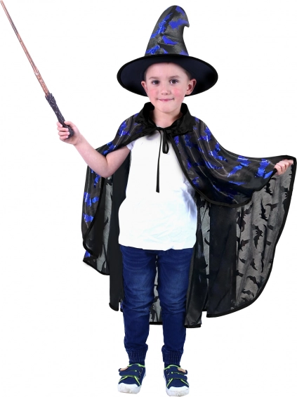Children's wizard cloak with bat print and hat, black