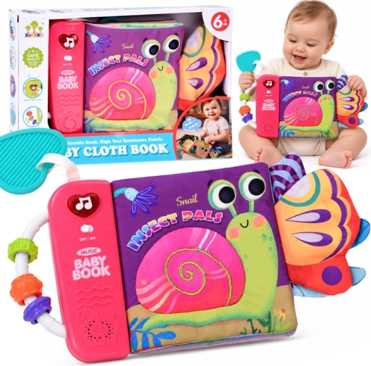 Interactive sensory fabric book for babies – snail and insects with melodies, light, mirror and teether