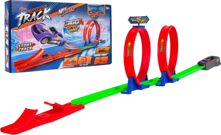 Racing car track with two loops and a toy car