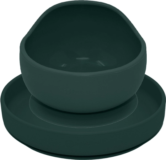 Petite&Mars silikonski set za jelo Take&Match – tanjur i zdjelica s vakuumskom prijanjalicom Misty Green, 2 kom