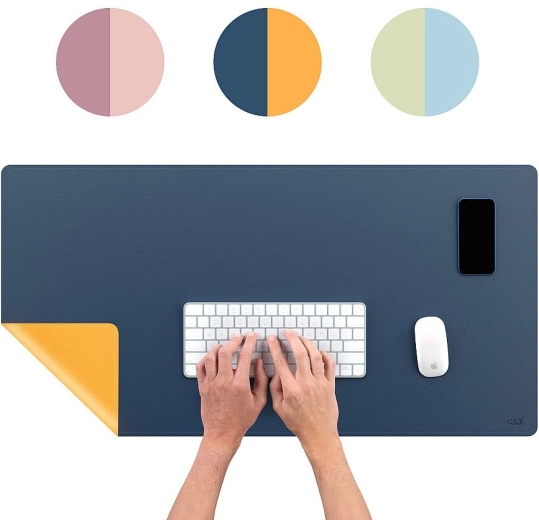Reversible desk mat Sax navy blue and ochre 45 × 90 cm