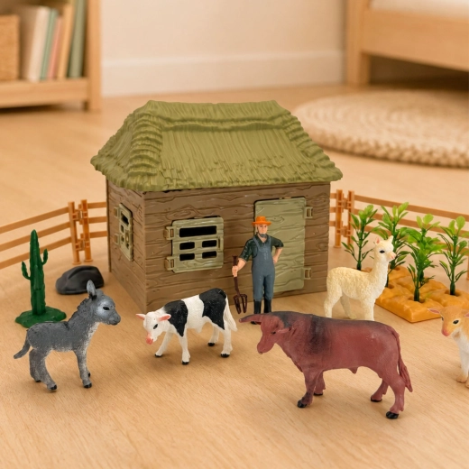5 farm animals + farmer with a pitchfork