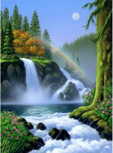 Diamond mosaic (diamond painting) waterfall with a rainbow 30 × 40 cm - 1 piece