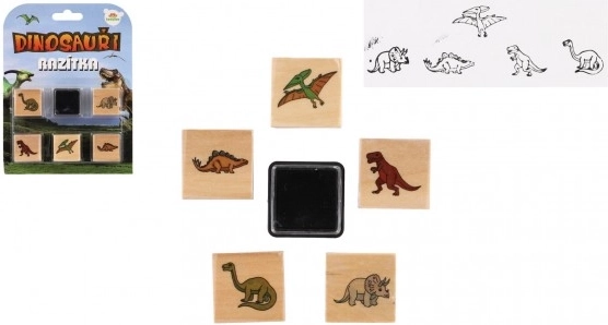 Drvena žigovi dinosauri 5+1 s jastučićem, 3 × 3 cm
