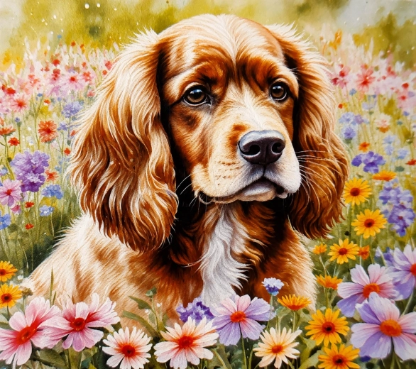 Norimpex diamond painting Cocker Spaniel in flowers 30 × 40 cm