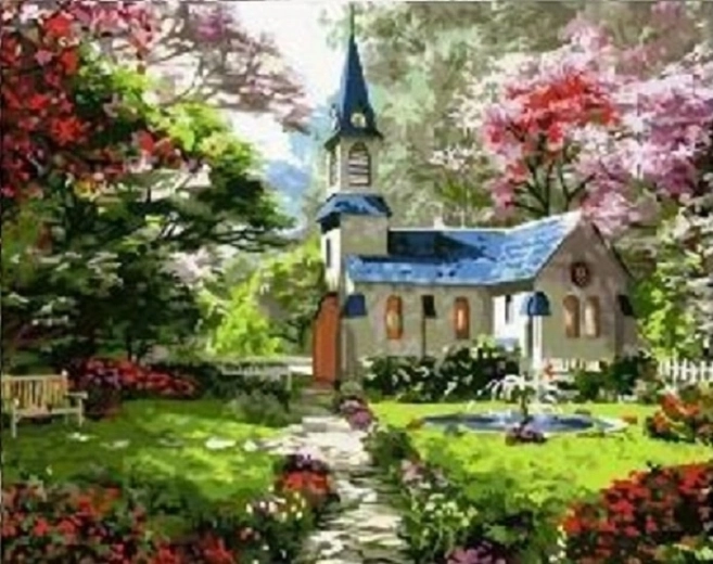 Norimpex diamond painting Church in a spring garden 30 × 40 cm