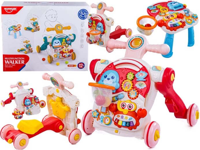 Multifunctional 4-in-1 baby walker with educational table, ride-on toy and scooter – pink