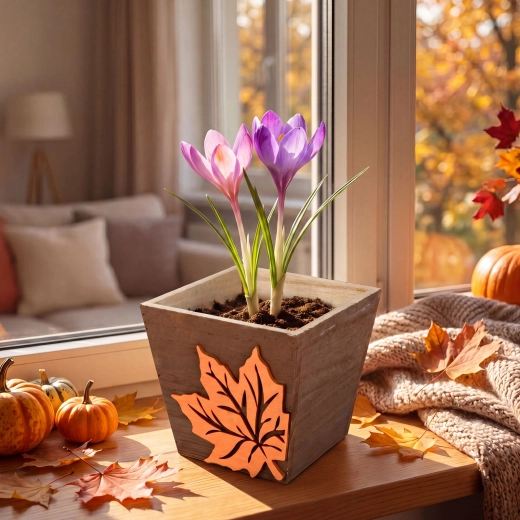 Autumn wooden flower pot with maple leaf motif - 1 piece