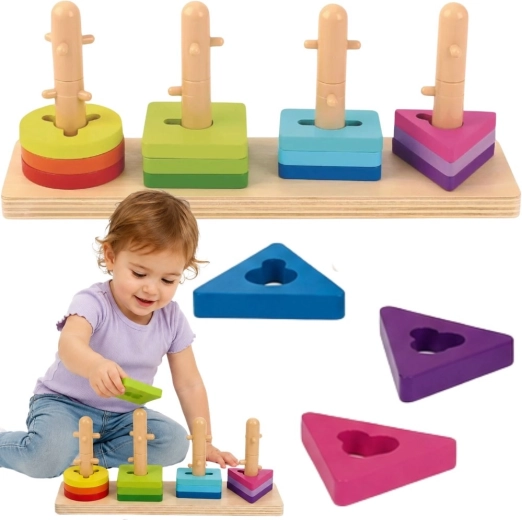 Tooky Toy Wooden Geometric Shape Sorter and Lacing Toy