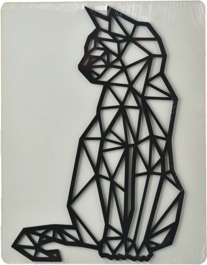 Zidna dekoracija Mačka – geometrijska silueta, crna, drvo 24 × 36 cm
