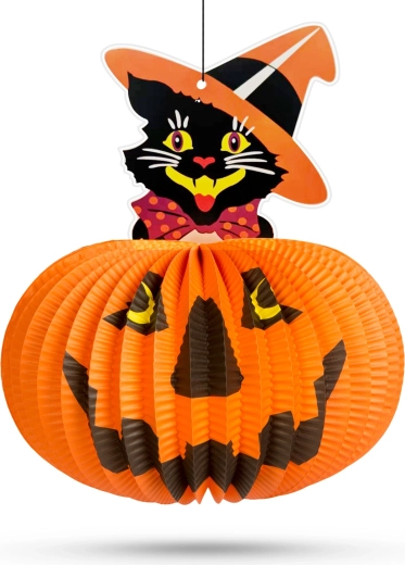 Halloween paper pumpkin lantern with cat motif – 1 piece