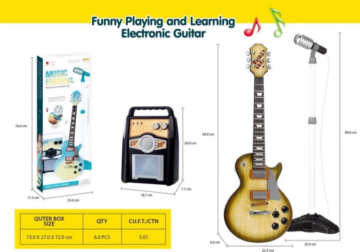 dječja električna gitara sa pojačalom i mikrofonom – smeđi set