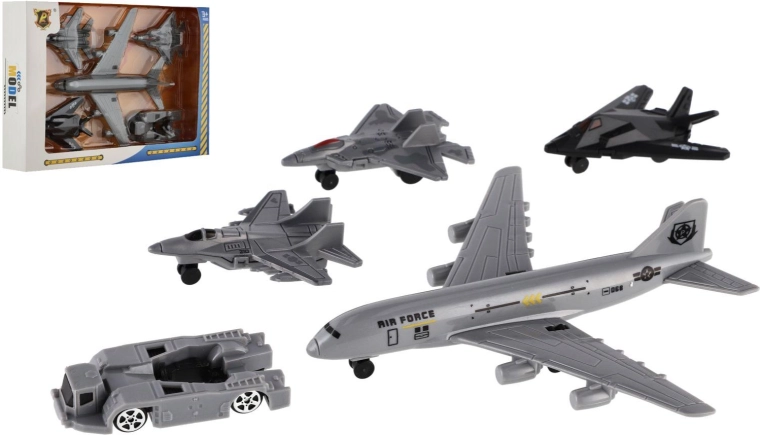 Set vojnih zrakoplova i vozila 5 kom plast na inercijski pogon u kutiji 23 × 15,5 × 4 cm