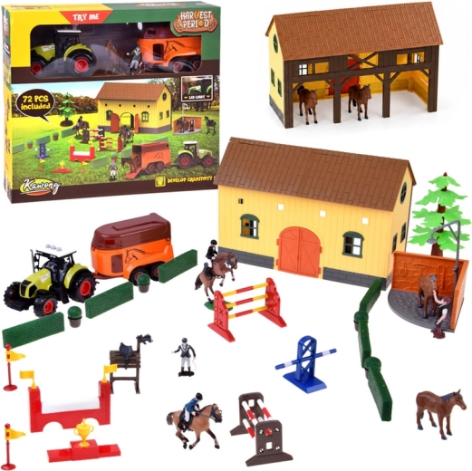 Horse farm with stables, tractor with trailer and figurines