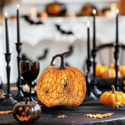 Halloween decorative pumpkin with spider web 16.5 cm