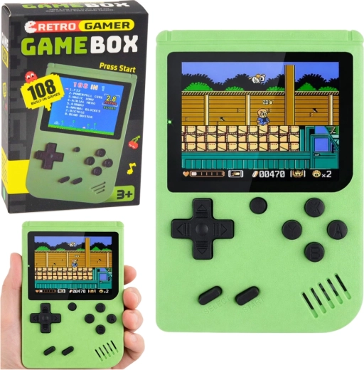 Portable retro gaming console with LCD display, 108 games, green