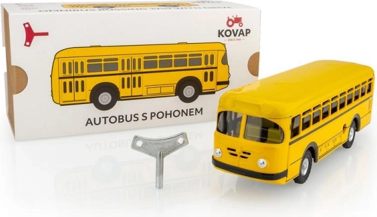 Retro autobus na navijanje, metalni, 19 cm, žuti, u kutiji Kovap