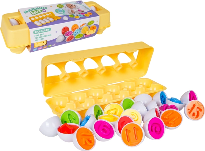 Openable eggs with numbers 1–12 in a carton