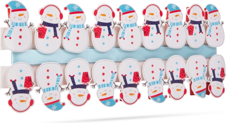 Christmas Clothespins with Ribbon and Snowman, 18 pcs