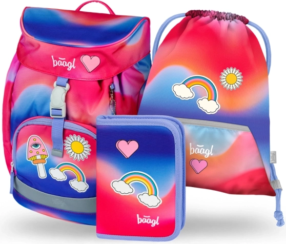 Školski set BAAGL Airy Duha crvena: ruksak, pernica, vrećica