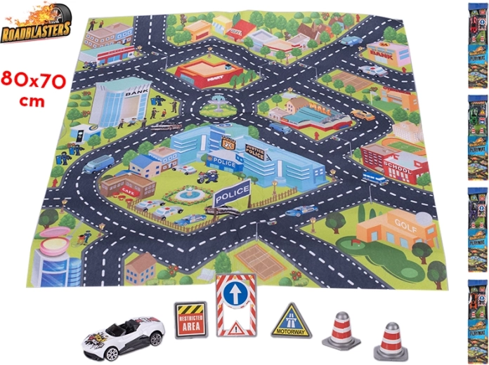 Prometni tepih Roadblasters 80 × 70 cm s autićem i znakovima