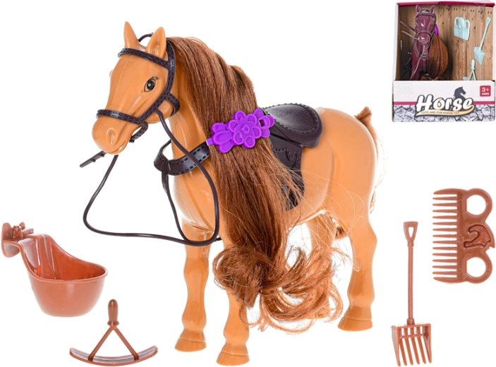 Plastic Horse 17 cm with grooming and riding accessories
