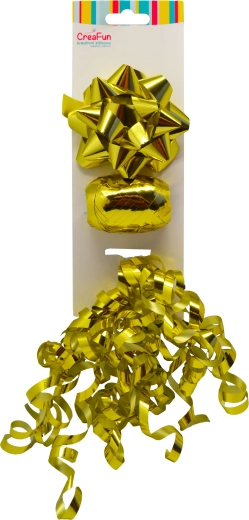 Gift set in metallic gold – bow 9 cm, ribbon 10 m, mini bow 6 mm (3 pcs)