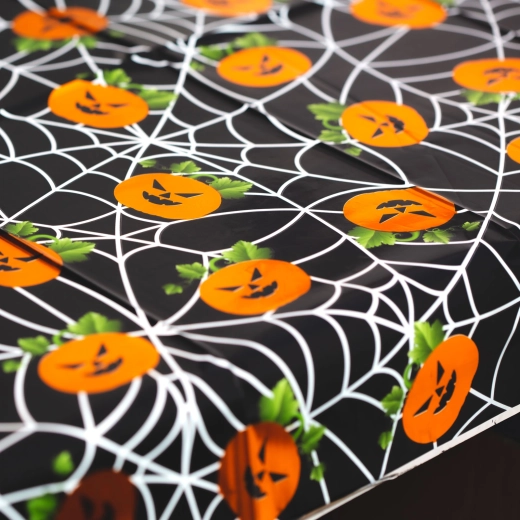 Halloween tablecloth with aluminum effect 137 × 183 cm – pumpkins and spiderwebs