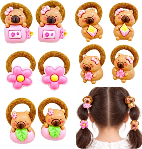 Hair elastics with a capybara and pink elements - set of 10 pcs