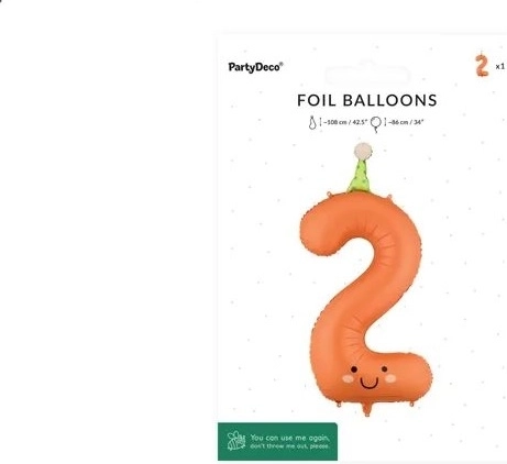 PartyDeco folijski balon broj 2 narančasti s licem 86 cm