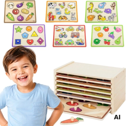 VIGA drvene umetajuće puzzle s ručkama i stalkom (6 ploča)