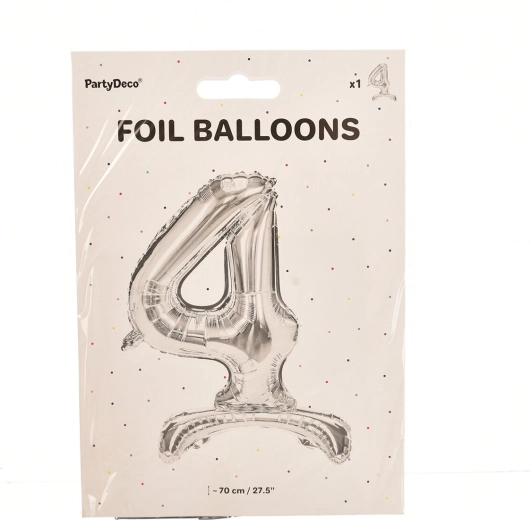 Stojeći folijski balon broj 4 srebrni 70 cm