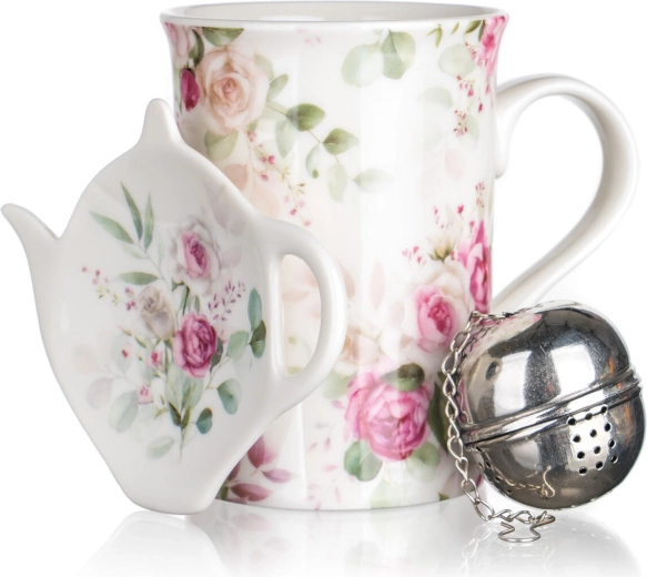 Čajni set s ružama 340 ml – keramička šalica, inox cjediljka i tanjurić