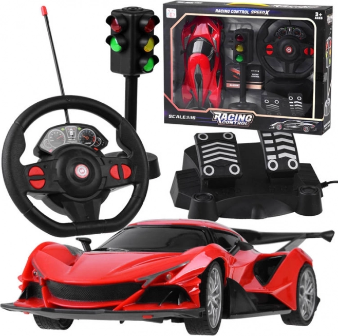 RC sportski automobil s volanom, papučicama i semaforom 1:16 – Crvena