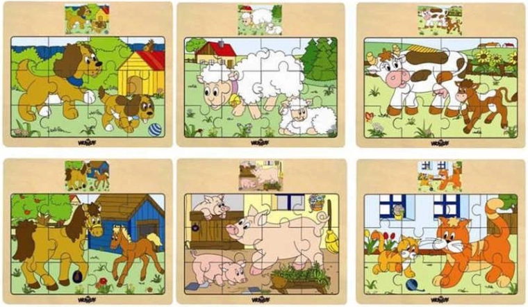 Woody drvene puzzle na ploči domaće životinje s mladuncima - 1 komad