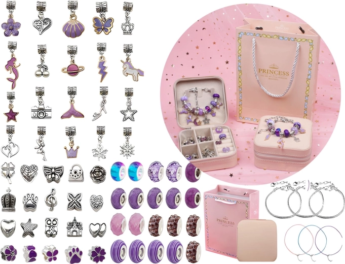 Bracelet and jewelry making set with beads and charms in purple shades with a case