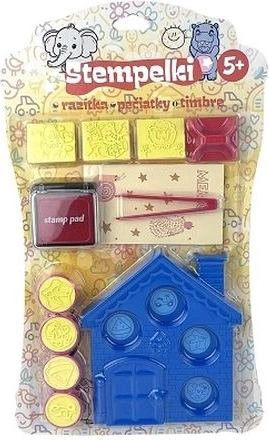 Children’s stamp set with red ink and a house-shaped case