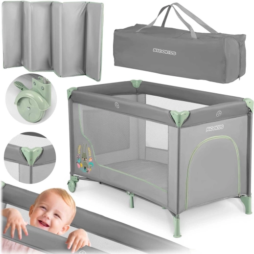 Putni dječji krevetić Kikkids sivo-mint 125 × 65 × 78 cm s madracem i torbom