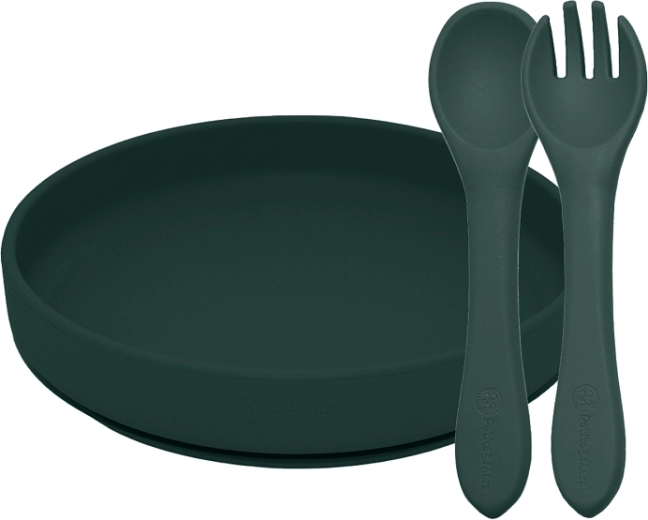 Petite&Mars silikonski set za hranjenje Take&Match misty green: tanjur s vakuumskom podlogom + pribor (6 mj.+)