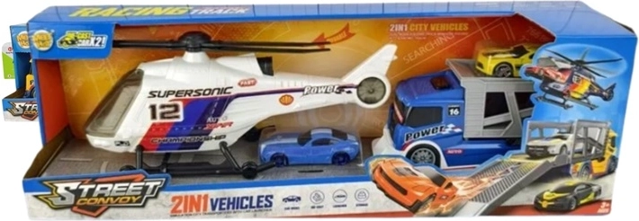 Vehicle set with helicopter, truck and 2 cars in a box